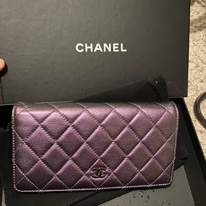 CHANEL Quilted Bifold Long Wallet Lambskin Purple Leather CC Logo cocomark